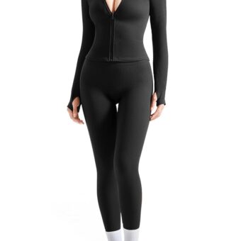 SUUKSESS Women 2 Piece Seamless Ribbed Workout Sets With Zip Up Jacket High Waisted Gym Yoga Leggings