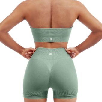 SUUKSESS Women Seamless Ribbed Workout Set Backless Sports Bra Booty Biker Short