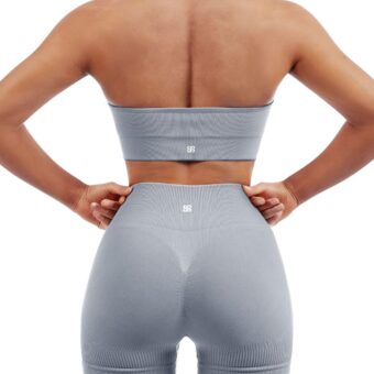 SUUKSESS Women Seamless Ribbed Workout Set Backless Sports Bra Booty Biker Short