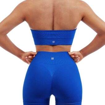 SUUKSESS Women Seamless Ribbed Workout Set Backless Sports Bra Booty Biker Short