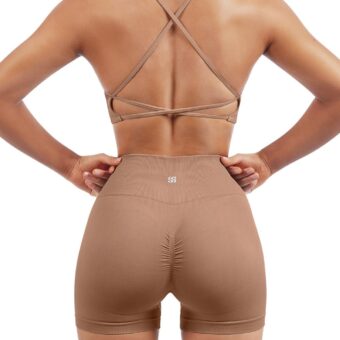 SUUKSESS Women Seamless Workout Sets Strappy Sports Bra High Waist Booty Shorts Outfits