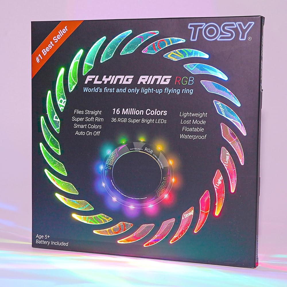 TOSY Flying Ring - 16 Million Color RGB or 12 LEDs, Super Bright, Lost Mode, Auto Light Up, Safe & Soft, Waterproof, Lightweight frisbee, Birthday, Camping, Valentine, Easter...