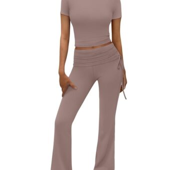 Trendy Queen Womens 2 Piece Outfits Lounge Sets Summer Y2k Short Sleeve Cropped Tops and Drawstring Flare Pants Tracksuits