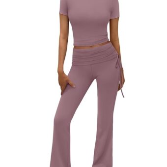 Trendy Queen Womens 2 Piece Outfits Lounge Sets Summer Y2k Short Sleeve Cropped Tops and Drawstring Flare Pants Tracksuits