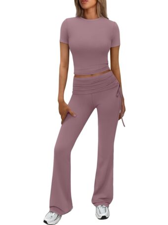 Trendy Queen Womens 2 Piece Outfits Lounge Sets Summer Y2k Short Sleeve Cropped Tops and Drawstring Flare Pants Tracksuits