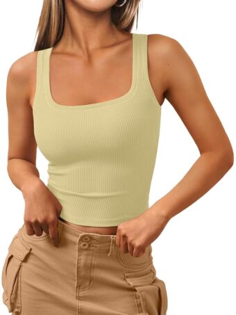 Trendy Queen Womens Square Neck Tank Tops Workout Cropped Ribbed Summer Camisole Sleeveless Tops