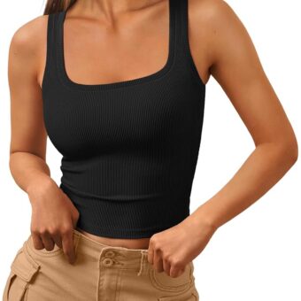 Trendy Queen Womens Square Neck Tank Tops Workout Cropped Ribbed Summer Camisole Sleeveless Tops