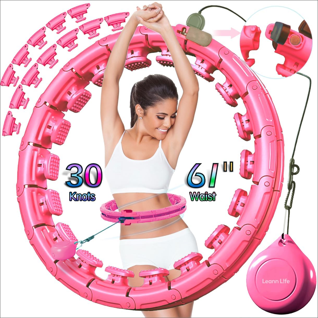 U1-30 Knots 19"-61", Magnetic Lock Weighted Hula Hoop for Kids & Adults Weight Loss, Detachable & Size Adjustable Infinity Hoop Plus Size, Home Outdoors Fitness Exercise,...