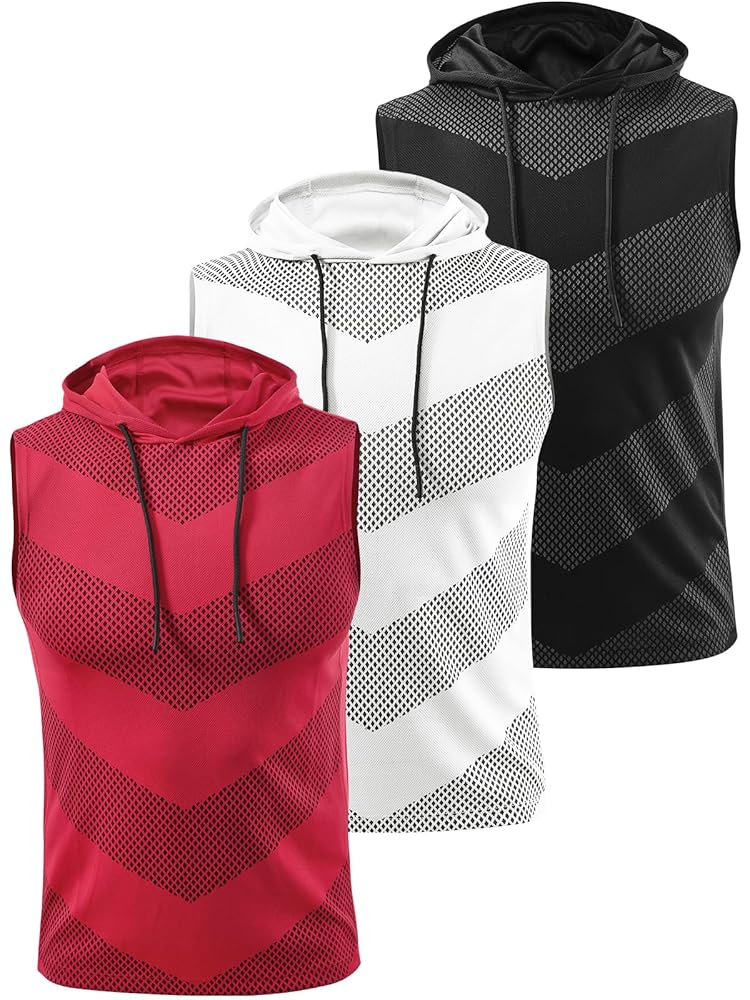 Vislivin 3 Pack Men's Workout Hooded Tank Tops Athletic Muscle Tank with Hoods Sleeveless Running Shirts