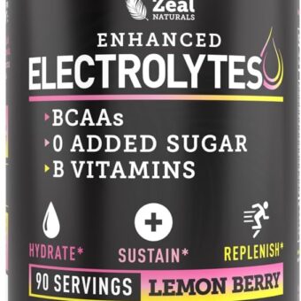 Zeal Naturals Electrolyte Powder Recovery Drink (90 Servings | Lemon Berry) w/ 0 Sugar +BCAAs +B-Vitamins Electrolyte Supplement w Potassium Zinc & Magnesium for Hydration -...