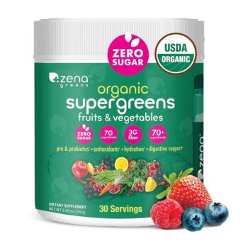 Zena Organic Super Greens Powder, 70+ Superfoods Drink Mix, 0 Sugar, 3G Fiber, Fruits, Veggies, Spirulina, Chlorella, Antioxidants, Pre & Probiotics, Digestive Enzymes, Mixed...