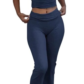 ZFLM Casual Workout Two Piece Outfits for Women Short Sleeve Crop High Waist Foldover Flare Pants Tracksuit Sets Streetwear