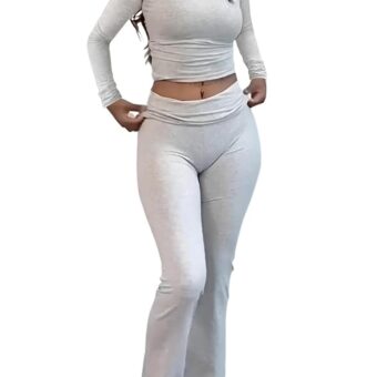 ZFLM Casual Workout Two Piece Outfits Long Sleeve High Waist Fold-over Flare Flared Leggings Pants Tracksuit Sets Streetwear